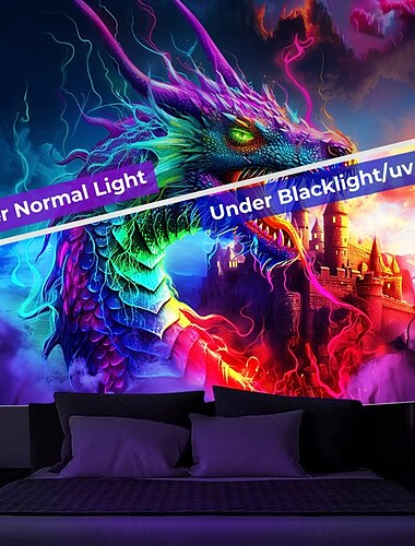  Schwarzlicht-Teppich Leuchttapete im Dunkeln Glühparty UV reaktiv Drachenburg Trippy Nebelige Naturlandschaft hängende Wandkunst Wandmalerei für Wohnzimmer Schlafzimmer