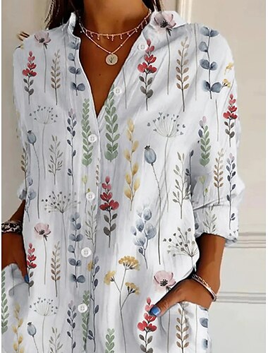  Damskjorta Blommig Grafik Daglig Stilren Retro Vintage Lång Ärmar Krage Reglerade Tops Daglig Semester Gå Ut Knappar Vit Sommar Vår