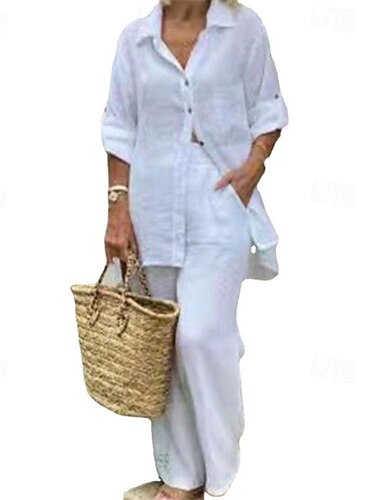  Per donna Moda Streetwear Camicia Set di biancheria in cotone Set da due pezzi Pantaloni di Lino Pantaloni Manica Lunga Colletto a Camicia Tinta unica Coulisse Abbigliamento quotidiano Data Bianco