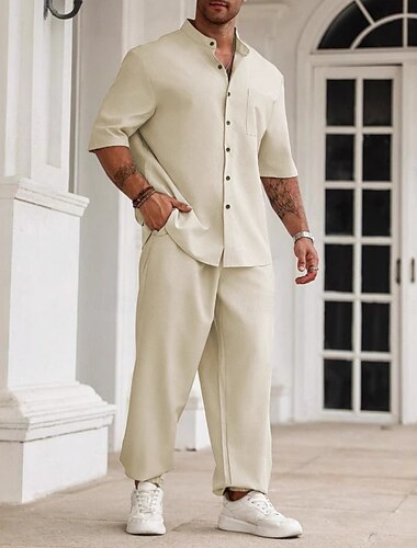  Hombre 2 Piezas Conjunto de camisa conjunto de verano Conjuntos a juego Camisa casual Plano Vacaciones Diario Negro Beige Gris Manga Corta Cuello Verano Ropa