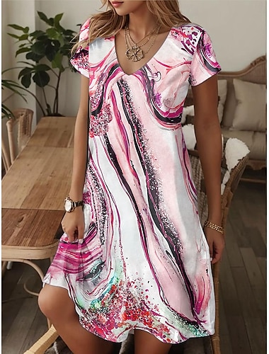  Damen Minikleid T-Shirt-Kleid Sommerkleid A Linie Kleid Elegant Vintage Stilvoll Urlaub Geburtstag Lässig Normale Passform Ombre Grafik Kurzarm V Ausschnitt Rosa Blau Orange Sommer