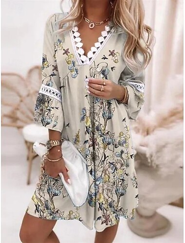  Per donna Mini abito Abito casual Abito linea A Moda Informale Da mare Giornaliero Standard Floreale Manica a 3/4 A V Bianco Blu reale Blu Verde Estate