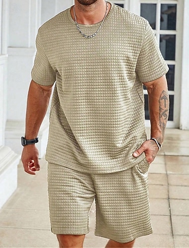  Herren Waffel Trainingsanzug T-Shirt und Shorts einstellen Outfit-Set Rundhalsausschnitt Outdoor Täglich Sport Tasche Kordelzug 2 teilig Glatt Schwarz Weiß Khaki Polyester Sportkleidung Klassisch