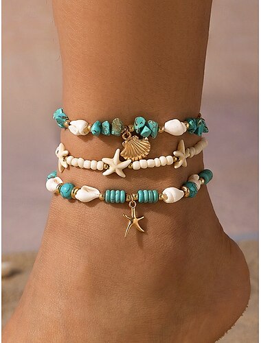  Conjunto de tobilleras de playa boho para mujer: pulseras de tobillo hechas a mano con estrellas de mar y cuentas de turquesa, joyas de verano para vacaciones y festivales