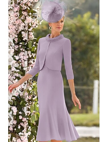  Blaue Kleider-Sets Mutter der Braut Formelle Hochzeitsgast Elegantes Vintage Juwelenausschnitt Tee-Länge Stretchstoff 3/4 Länge Ärmel mit Spitze Perlen Derby Kleid Renntag Kleid 2025