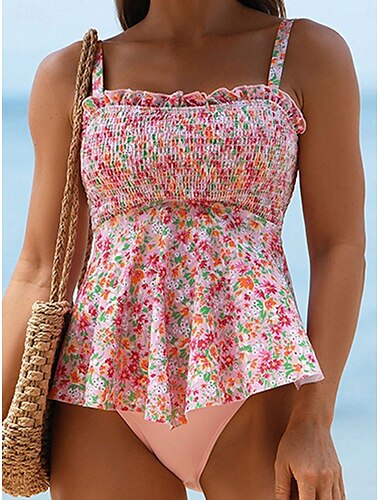  Damen Badeanzug 2 Stück Cheeky-Bikinihose Bademode Rückenfrei Bauchkontrolle Hohe Taillenlinie Schlank Urlaub Strandbekleidung Blumen U-Ausschnitt Ärmellos Badeanzüge