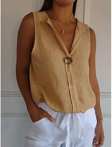  Femmes Chemise Boutonner Chemise en coton et lin Chemisier Couleur Unie Élégant Quotidien Occasionnel Sans manches Col en V Hauts Réguliers Quotidien Fête Sortir Patchwork Blanche bleu marine Vert