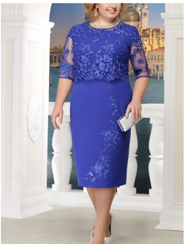  Femme Robe mi-longue Robe dentelle Robe moulante Robe à œillets Anniversaire cocktail Vacances du quotidien Standard Plein Demi Manches Col Ras du Cou Rouge bleu marine Bleu Eté