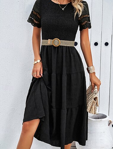  Women's Midi Dress White Dress Lace Dress Casual Dress Summer Dress Fashion Outdoor Holiday Date Regular Fit Plain Short Sleeve Crew Neck Black White Green Summer Spring