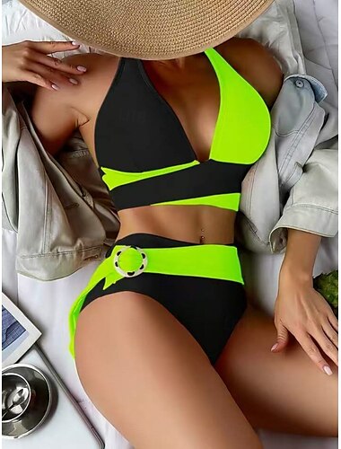  Damen Badeanzug Bikinis 2 Stück Unterhosen Bademode Rückenfrei Schlank Urlaub Strandbekleidung Feste Farbe V Ausschnitt Ärmellos Badeanzüge