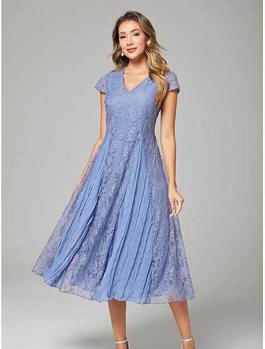  Hülsen-/Säulen-Brautmutterkleid Hochzeitsgast Elegantes Party Petite V-Ausschnitt Tee-Länge Spitze Kurzarm mit Falten einfarbiges Midi Kleid 2025