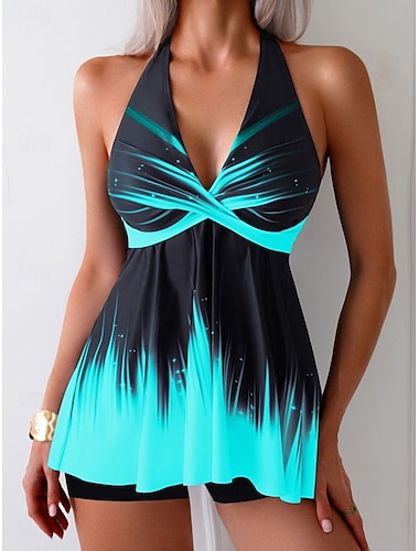  Damen Badeanzug Tankini 2 Stück Junge Bein Bademode Rückenfrei Hohe Taillenlinie Urlaub Strandbekleidung Farbverlauf Paisley-Muster V Ausschnitt Ärmellos Badeanzüge