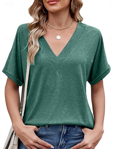  Damen T Shirt Glatt Modisch Modern Brautkleider schlicht Kurzarm V Ausschnitt Normale Oberteile Täglich Wochenende Gras-Grün Schwarz Weiß Rosa Wein Sommer