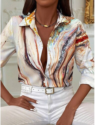  Dames Overhemd Ombre Casual Lange mouw Overhemdkraag Normale tops Werk Dagelijks Knop Afdrukken Oranje Lente Herfst Winter