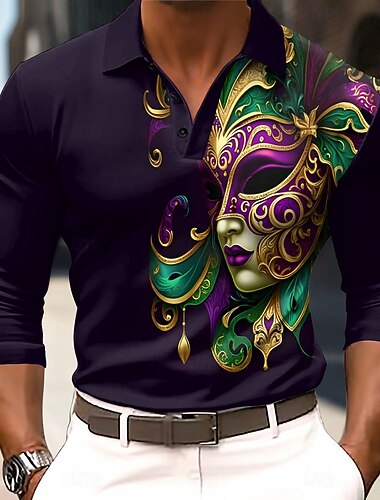  Farsang Férfi Maszk Póló Hosszú ujj Pólóingek Galléros ingek Szüret Fesztivál öltözék 3D nyomtatás Tavasz Ősz Tél Fekete