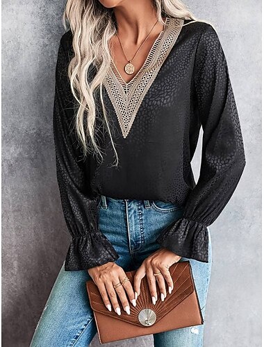  Damen Hemd Bluse Feste Farbe Stilvoll Brautkleider schlicht Langarm V Ausschnitt Normale Oberteile Täglich Spitze Patchwork Schwarz Grün Sommer Frühling