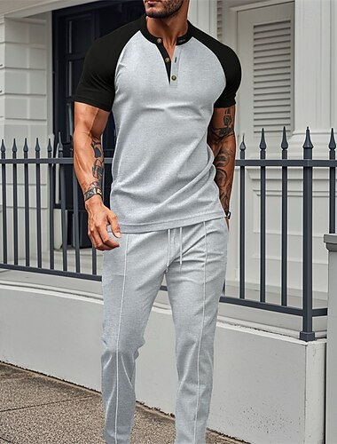  Miesten T-paita T-paidat ja pitkät housut kiristysnauhalla 2 kpl asuja Lyhythihainen Henley Kesä Kevät Väripalikka Muoti Vapaa-aika 2-osainen Loma Arki-asut Bile Viini Apila Khaki Top T-paita miehille