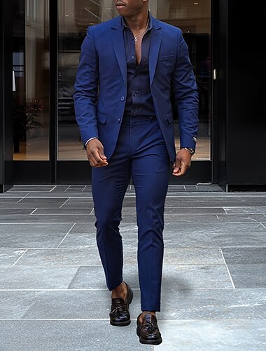 Trajes de Negocios Casual de Hombres Trajes de Regreso a Casa Azul Real Moda Diario Color Sólido Ajuste Estándar 2 Piezas Doble Botonadura Dos Botones