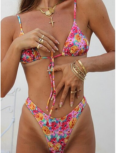  Mujer Bañadores Bikini 2 piezas Tanga Traje de baño Espalda al Aire Delgado Vacaciones Ropa de playa Floral Escote en Pico Sin Mangas Trajes de baño