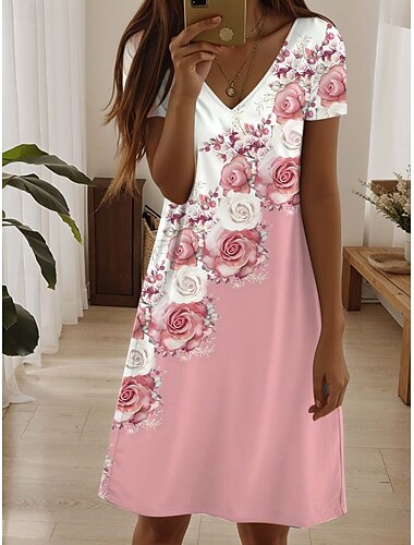  Damen Minikleid Freizeitkleid Elegant Tropisch Hawaiianisch Täglich Normale Passform Blumen Kurzarm Rundhalsausschnitt Perle Schwarz Rosa Blau Sommer