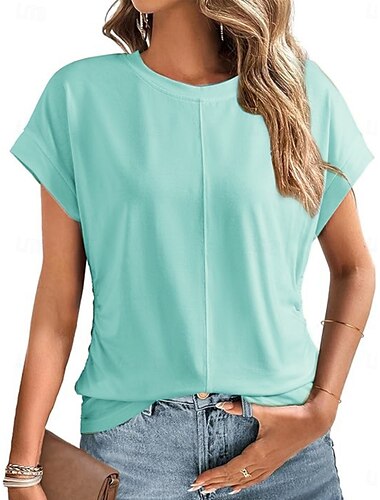 Dames Overhemd Blouse Effen Kleur Stijlvol Casual Korte mouw Strakke ronde hals Normale tops Dagelijks Zwart Wit Leger Groen Groen Grijs Zomer Lente