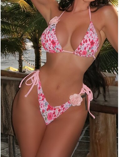 Dames Zwemkleding Bikini 2 stuks String Zwempak Blote rug Slank Vakantie Strand Kleding Bloemig Halternek Mouwloos Badpakken
