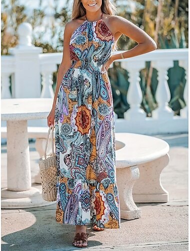  Női Maxiruha hétköznapi ruha Boho elegáns ruhák Csehország Stílusos Alkalmi Vakáció Napi Tengerpart Laza öltözet Paisley Ujjatlan Kötőfék nyaka Medence Nyár