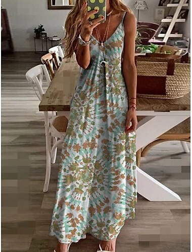  Pentru femei Rochii Midi Rochie A line Rochie Slip Rochie cu umeri Casual Vacanță Zilnic Fit regulat Floral Fără manșon În V Alb Roz Îmbujorat Albastru celest Mov Vară