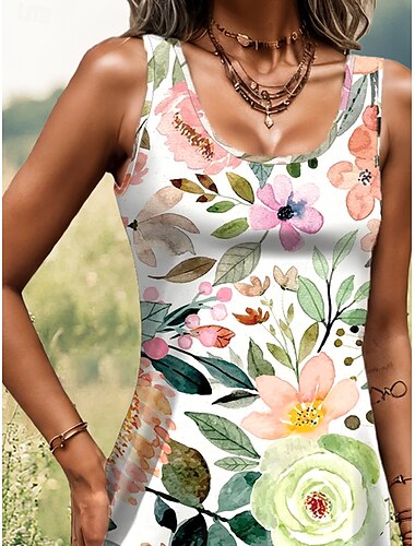 mini abito da donna vestito petite vestito a trapezio vestito estivo vestito con spalle scoperte elegante bohémien vacanza quotidiano vestibilità ampia floreale grafico foglia senza maniche scollo a U bianco estate primavera