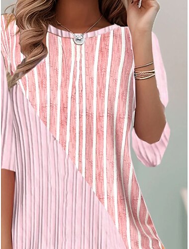 Women's T Shirt Graphic Striped Elegant Vintage Fashion Long Sleeve Crew Neck Regular Tops Daily Going out Weekend Print Pink Summer Spring