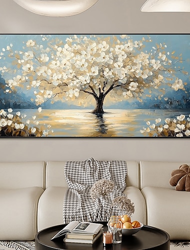  Peinture à l'huile sur toile représentant un arbre de vie blanc original fait à la main, art mural abstrait en fleurs, grand arbre, pour décoration intérieure, avec cadre tendu/sans cadre intérieur