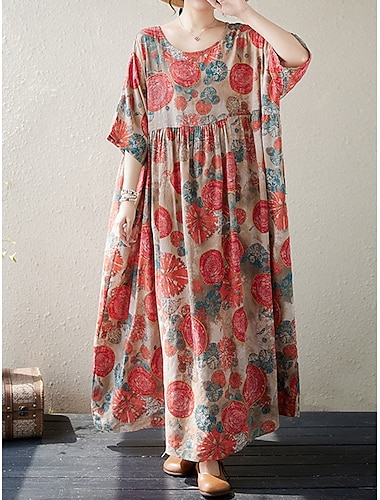  Dámské Maxi šaty Bavlněné lněné šaty Volnočasové šaty Základní Na běžné nošení Dovolená Denní Běžný Grafika Poloviční rukáv Tričkový Rubínově červená Trávová zelená Léto