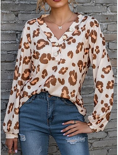  Damen Hemd Bluse Leopard Stilvoll Brautkleider schlicht Langarm V Ausschnitt Normale Oberteile Täglich Bedruckt Weiß Rosa Blau Braun Sommer Frühling