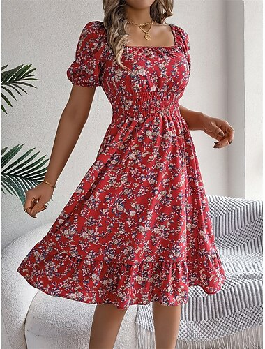  Damen Midikleid A Linie Kleid Schulterfreies Kleid Kleid mit Puffärmeln Urlaub Urlaub Strasse Casual Regular Fit Blumen Graphic Kurzarm Quadratischer Ausschnitt Schwarz Weiß Gelb Rote Sommer
