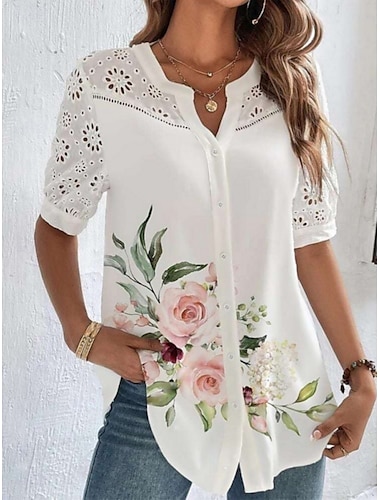  Femme Chemise Chemisier Floral mode Décontractées Manche Courte Col de Chemise Hauts réguliers du quotidien Dentelle Patchwork Boutons Rose Claire Bleu Eté Printemps