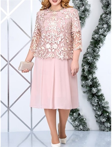  Damen Kleid-Set Casual kleid Rock-Set Elegant Modisch Blumen Patchwork Bestickt Midikleid Langarm Rundhalsausschnitt Outdoor Täglich Rosa Frühling Herbst Lockere Passform