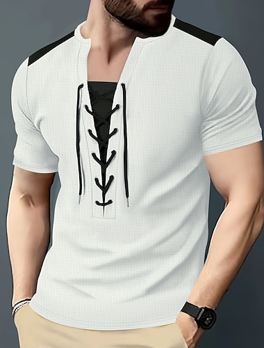  Herre Henley-skjorte T-Shirts Kortærmet skjorte Tee Top Kortærmet Rund Hals Sommer Farveblok Ensfarvet / almindelig farve Mode Designer Mode Ferierejse Gade I-byen-tøj Vin Sort Hvid Top T-shirt til