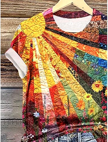  Damen T Shirt Farbverlauf Graphic Elegant Vintage Modisch Kurzarm Rundhalsausschnitt Normale Oberteile Täglich Ausgehen Wochenende Bedruckt Regenbogen Sommer