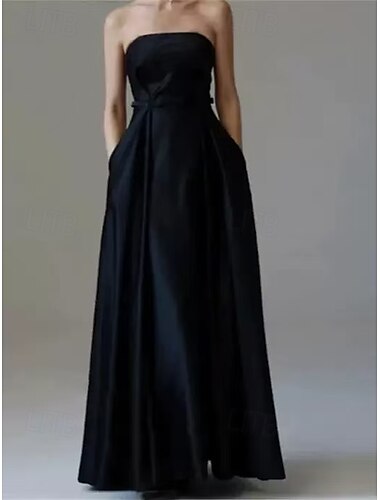  A-Line Evening Gown Vintage Dress Evening Party Black Tie Gala Floor Length Sleeveless Strapless Pocket Cotton Backless with Bow(s) Pocket