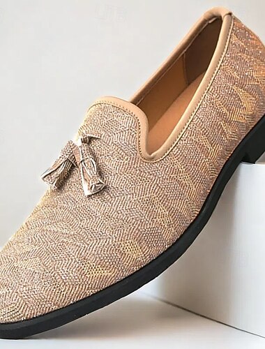  Beige Slipper für Herren mit Fischgrätenmuster und Quastendetail – lässige Eleganz für die Arbeit, Hochzeiten und formelle Anlässe