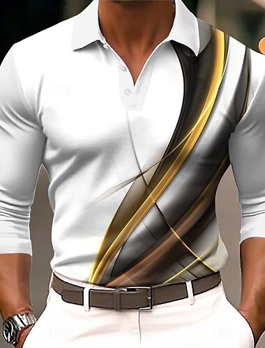  Herr Geometrisk Linje Golftröja Långärmad Polotröjor Skjortor med krage Ledigt Business Casual Gata Fritids- Friluftskläder Helgdag Knappar 3D-utskrift Vår Höst Vinter Vit Gul Orange