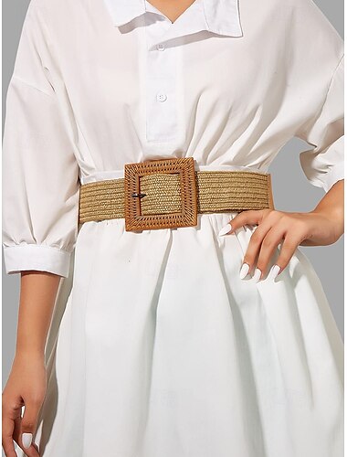  Cinturón de paja tejida para mujer con hebilla cuadrada de gran tamaño: estilo boho chic, ajuste ajustable para ropa casual o de playa, perfecto para atuendos de primavera y verano