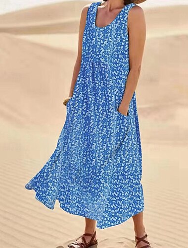  Women's Midi Dress Casual Dress Floral Dress Beach Dress Hawaiian Casual Vacation Daily Date Regular Fit Floral Sleeveless Crew Neck Light Pink Pink Blue Summer