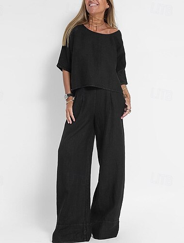  Femmes Mode Streetwear Ensembles en coton et lin Ensembles deux pièces Ensembles de Pantalons Pantalons en Lin Pantalons manche longue Col de chemise Couleur Unie Tenue quotidienne Date Noir Jaune