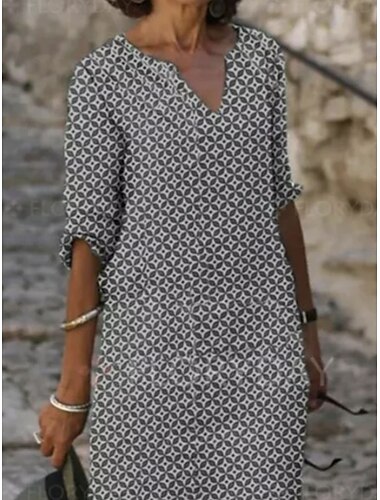  Pentru femei Rochie Mini Rochii de in bumbac Rochie casual Elegant De Bază Casual Vacanță Zilnic Fit regulat Geometric Manșon scurt În V Galben Albastru piscină Trifoi Gri Vară Primăvară