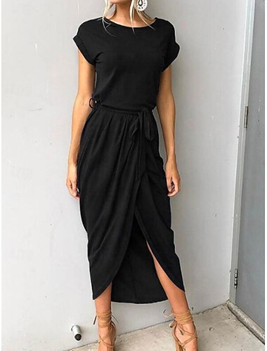 Damen Midi Kleid Wickelkleid T-Shirt Kleid Tee Kleid Einfarbig Freizeit Urlaub Casual Alltag Reguläre Passform Grafik Kurzarm Rundhals Schwarz Sommer