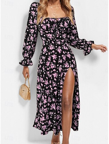  Damen Midikleid Corsagenkleider Milchmädchen-Kleid Schulterfreies Kleid Kleid mit Puffärmeln Urlaub Party Urlaub Täglich Regular Fit Blumen Graphic Langarm Quadratischer Ausschnitt Weiß Blau Purpur