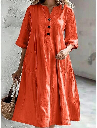 Damen Midi Kleid Freizeitkleid Baumwoll-Leinen Kleid A Linie Kleid Sommerkleid Einfarbig Basic Freizeit Urlaub Alltag Reguläre Passform Grafik 3/4 Länge Sleeve Eingekerbter Ausschnitt Schwarz Blau