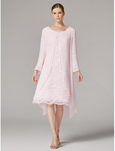  Zwei Teiliges A-Linie Mutter der Braut Kleid Hochzeitsgast Elegantes Plus-Size Rundhals Tee-Länge Chiffon Spitze Kurzarm Jackenkleider mit Uni-Farbe 2025