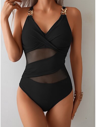  Damen Badeanzug Ein Stück Monokini Bademode Rückenfrei Bauchkontrolle Hohe Taillenlinie Urlaub Strandbekleidung Feste Farbe V Ausschnitt Ärmellos Badeanzüge